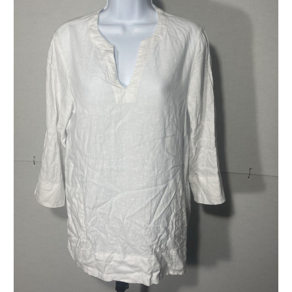 LAND'S END white v-neck 3/4 sleeve linen blend tunic top XS